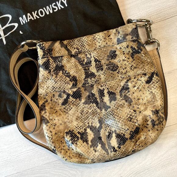 B Makowsky Leather Faux Snakeskin Crossbody Bag - Beige, Black - Picture 4 of 16